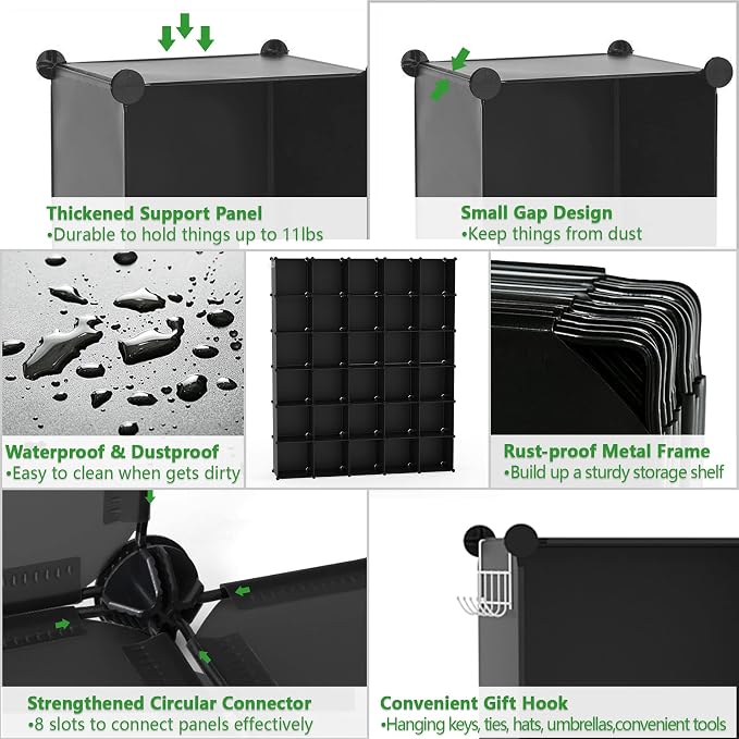 C&AHOME 30-Cube Shelf, Plastic Cube Storage Organizer, DIY Bookshelf Black | Stackable Modular Closet Cabinet Ideal for Bedroom, Living Room, Office, 60.6" L x 12.4" W x 72.6" H