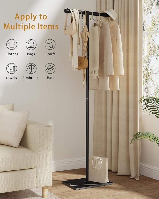 OUTBROS Coat Rack Freestanding, 68.9" High Small Clothes Rack, Black | Clothing Rack with Rock Slab Base, Heavy-duty Metal Coat Hanging Rack for Boutiques, Hallway, Entryway