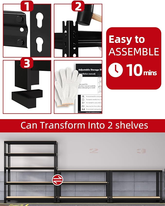 PrimeZone 3250 LBS Heavy Duty Garage Storage Shelves Adjustable Shelf, 4PCS | 48"W X 24"D X 72"H, 5-Tier Metal Shelving Unit, 10 Support Beams, Easy Assembly, Standing Utility Rack for Warehouse Basement