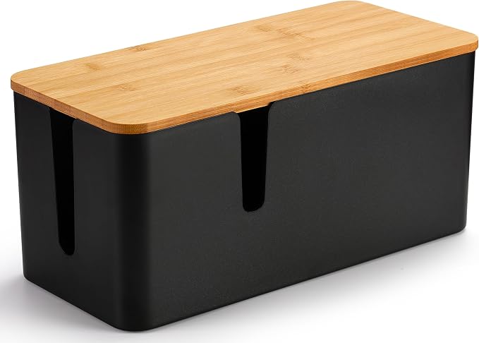 ZhiYo 2 Pack Cable Management Box, Large & XL, Power Strip Organizer, Black | Extra-Tall Design for Oversized Adapters, Fits Power Strips Up to 13.4" Long, Natural Bamboo Lid, Ideal for Desks, TV Areas