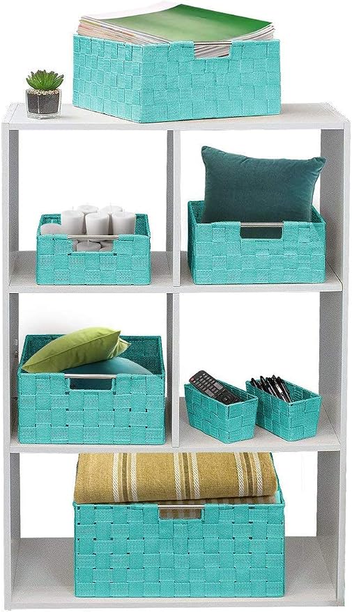 Sorbus Storage Baskets for Organizing (Set of 7), Mesh Hand-Woven Design, Linen Closet Organizers and Storage, Organizer Storage Baskets for Shelves, Variety Pack Organizers and Storage (Aqua)