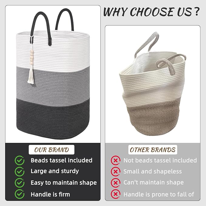 Woven Laundry Basket for Clothes,65 L Large Rectangle Laundry Hampers with Beads Tassel, Nursery Storage Basket for Toys, Tall Dirty Clothes Hamper for Bedroom Aesthetic, Laundry Room Organization