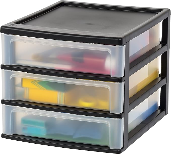 IRIS USA 3-Drawer Medium Plastic Stacking Desktop Organizer, Black | Organize office supplies, stationery, makeup, craft materials and everyday essentials for neat desktop storage