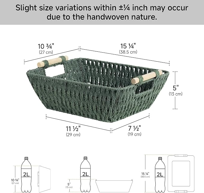StorageWorks Large Wicker Storage Basket for Organizing with Wooden Handles, Toilet Paper Baskets, Bosana Green, 2-Pack