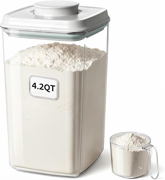 Melovom Pop Airtight Food Storage Container with Lid, 4L/4.2qt Large Cereal Flour Sugar Storage Container with Scoop, One Button Opening, BPA-Free, Kitchen Pantry Organization and Storage