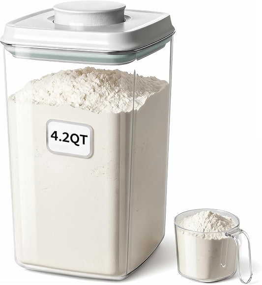 Melovom Pop Airtight Food Storage Container with Lid, 4L/4.2qt Large Cereal Flour Sugar Storage Container with Scoop, One Button Opening, BPA-Free, Kitchen Pantry Organization and Storage