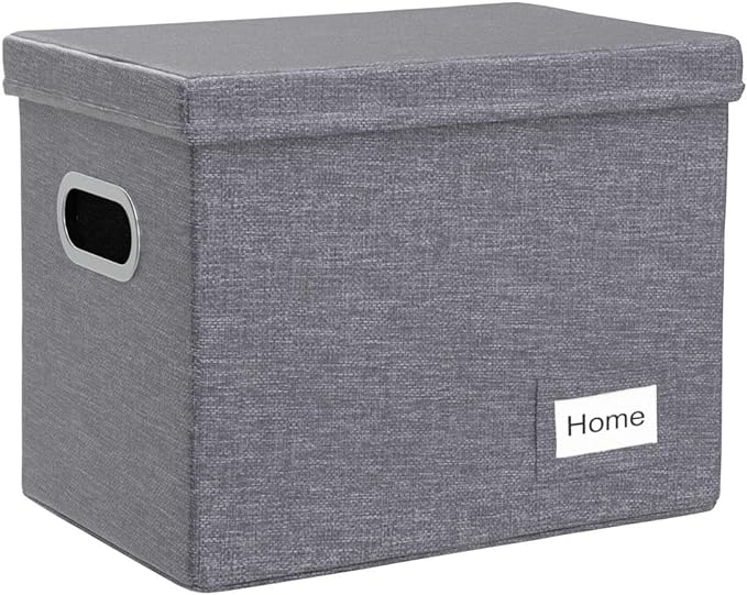 File Organizer Box - Set of 1 Collapsible Decorative Linen Filing Storage Hanging File Folders with Lids Office Cabinet Letter Size Grey (14x9.3x10.8 inch)
