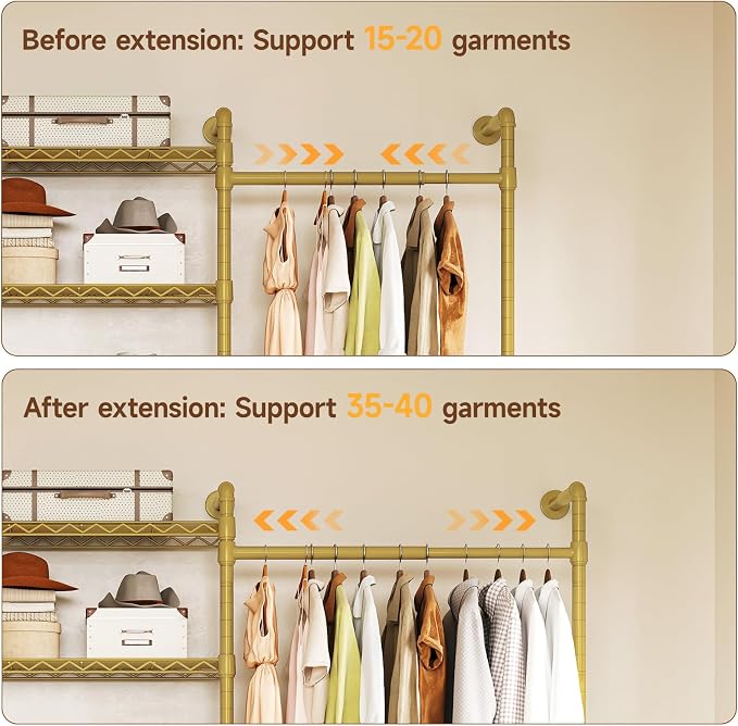 L2 Wall Mounted Closet System, Industrial Pipe Clothing Rack Clothes Racks with 2 Telescopic Rod & 6 Shelves, Heavy Duty Closet Organizers System in Wardrobe Closet, Gold