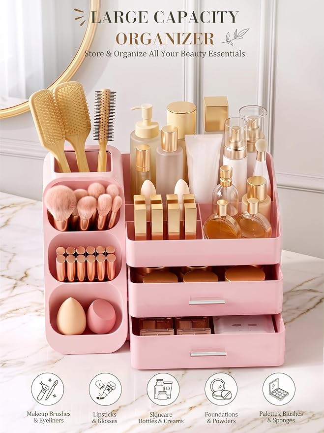 Makeup Organizer with Drawers,Large Capacity Countertop Organizer for Vanity,Bathroom and Bedroom Desk Cosmetics Organizers,Easy To Storage Skincare,Brushes,Lotions (All Pink)