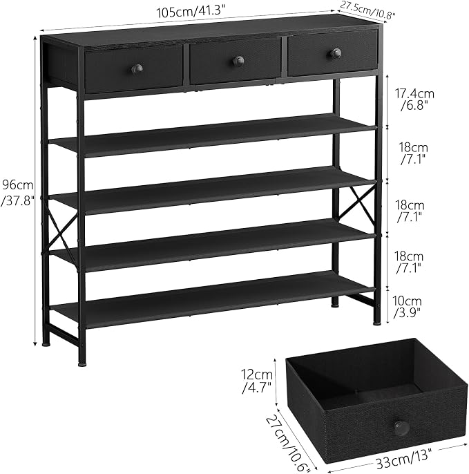 5 Tier Shoe Rack with 3 Drawers Black | Holds 24-30 pairs. 3 drawers for accessories. Fabric shelves keep shoes dust-free. Quick 20-min assembly.