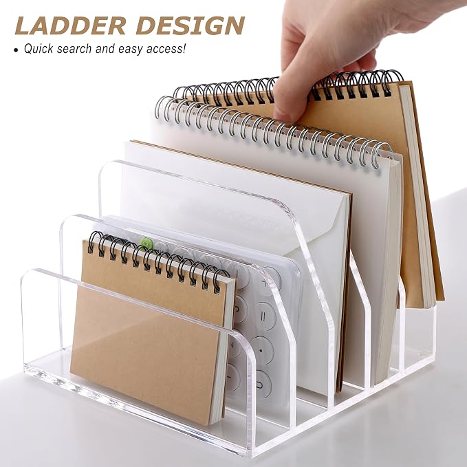 SANRUI Acrylic Desk Mail Organizer Sorters, Clear Letter Holder 5 Slot | Laddered File Desktop File Holder, Multifunction Envelope Vertical Folder Racks Document Holders for Office, Home, School