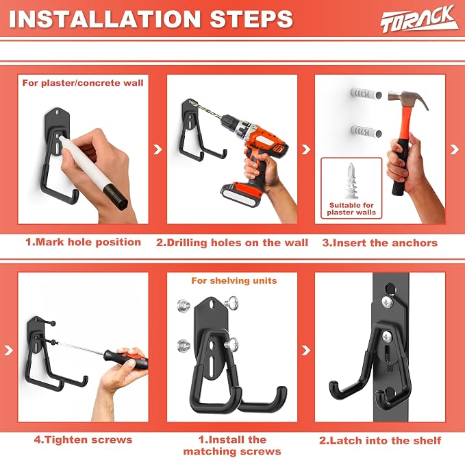 TORACK 15 PCS Garage Storage System Hooks, Shelving Hooks for Keyhole Shelving Units Wall Mount Utility Hooks for Tools, Ladders, Cords, Folding Chairs, Shovels and Rakes(Black)