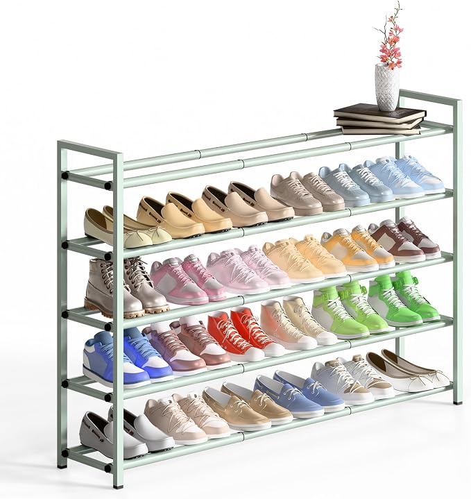 Bumusty 5 Tier Long Expandable Shoe Rack for Closet, Green | 18"-44" Adjustable Shoe Rack for Entryway, Shoe Organizer for Dorm, Front Door, Sturdy Metal