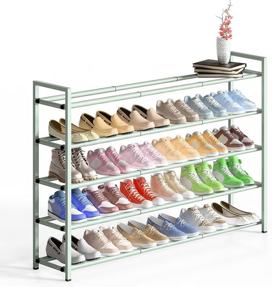 Bumusty 5 Tier Long Expandable Shoe Rack for Closet, Green | 18"-44" Adjustable Shoe Rack for Entryway, Shoe Organizer for Dorm, Front Door, Sturdy Metal