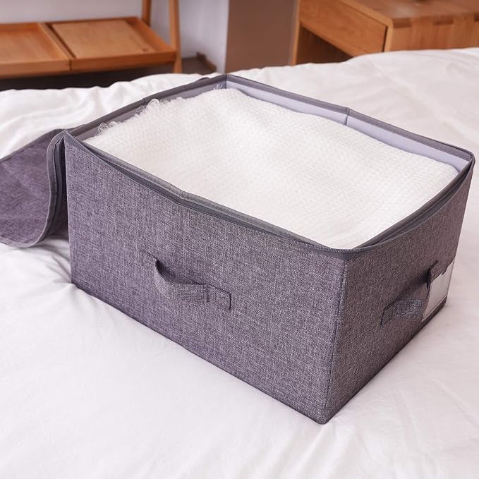 2Pcs Fabric Folding Washable Wardrobe Clothes Storage Baskets with Zip Lid | cabinets, shelves, attics, or atop closets organizer,17.6×13.6×9.7", Space Saving, breathable linen, sturdy plastic boards