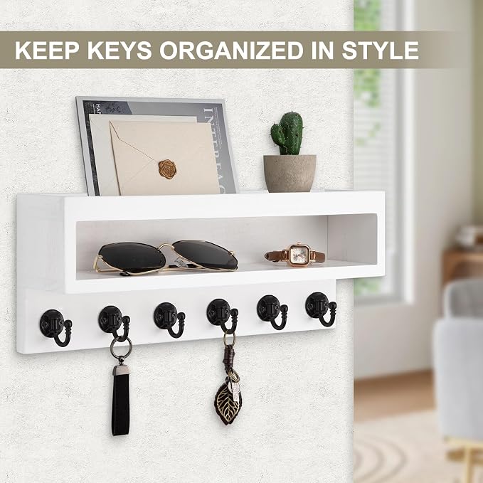 Key and Mail Holder Wall Mount, Key Hanger with Long Storage Box and 6 Hooks for Coat, Dog Leash, Home Decor Rack, House Accessories, Entry Way Organizer (White)