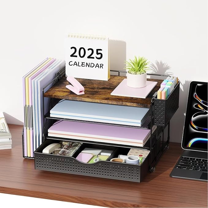 gianotter Wood Desk Organizers and Accessories with File Sorters, 4-Tier Desk Accessories & Workspace Organizers with Drawer and Pen Holder, Desk Reference Organizer (Wood, 4T with Drawer)