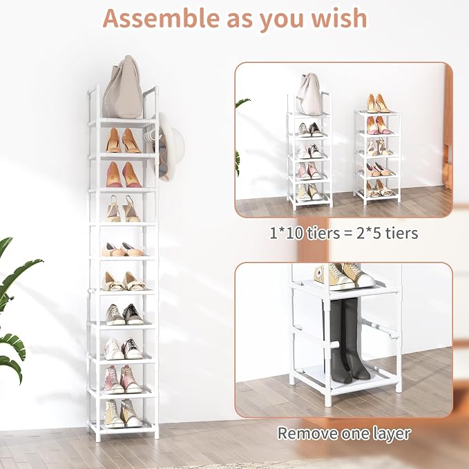 LANTEFUL Tall Narrow Shoe Rack 10-Tier Skinny Shoe Shelf Storage for 10-15 Pairs Shoes and Boots, Space Saving Corner Shoe Rack Organizer for Closet, Entryway, Garage, Living Room,White