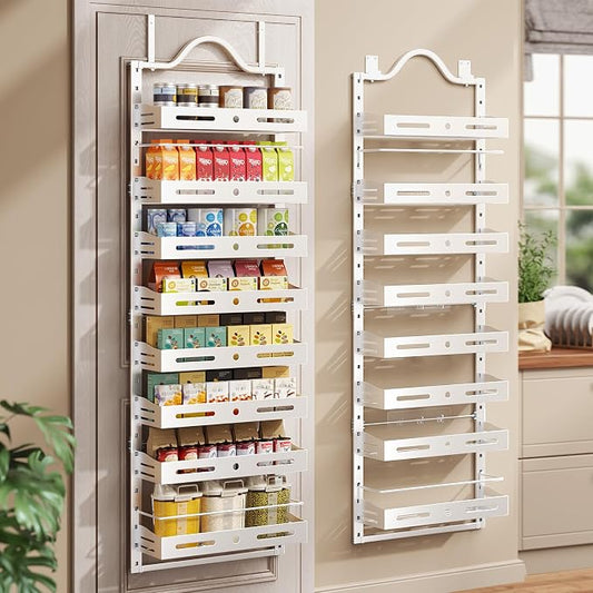 8-Tier Pantry Door Organizer, Large 2 IN 1 Wall Mount or Over The Door Pantry Organizer, Pantry Door Spice Rack with Adjustable Baskets, Over Door Organizer for Kitchen,（72.6×17.1×5.1in, White)