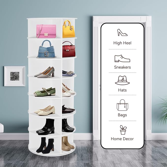 7 Tier Rotating Shoe Rack Tower, 360° Shoe Storage Organizer, White