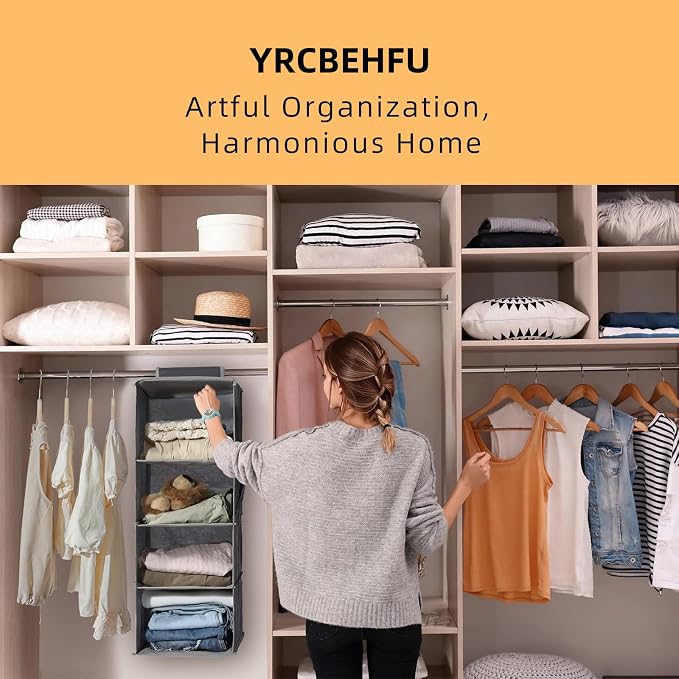 2 Packs Hanging Closet Organizer Storage, 6-Shelf Hanging Shelves Clothes Organizer and Storage with Side Pockets, Beige