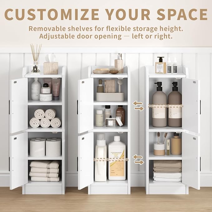 Narrow Bathroom Storage Cabinet with 2 Doors and Shelves, 9.8" W Small Storage Cabinet for Toilet Paper Storage, Slim Cabinet for Small Spaces, Bathroom, Kitchen, 9.8" W × 7.9" D × 29.5" H, White