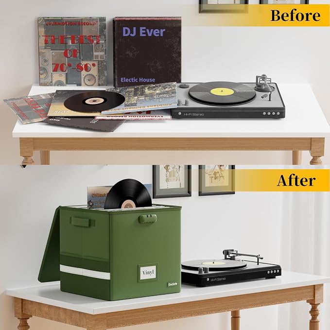 DocSafe Vinyl Record Storage Box with Lock,Fireproof Record Organizer Storage for 100+ Single Records(12-inch), Collapsible Storage Crate with Lid & Handles for Valuable Album Collection,Green,2 Pack