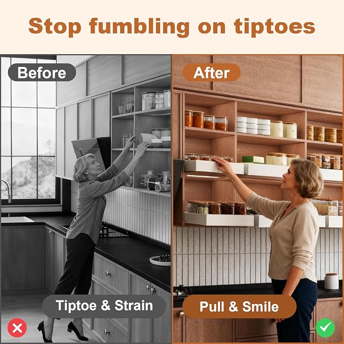 Fokyfok Pull out Cabinet Organizer,Width (11"-18") and Depth (10"-13") Expandable,No Drill Adjustable Slide out Drawers for Pantry,Adhesive Roll out Shelves Short,for upper cabinet,White