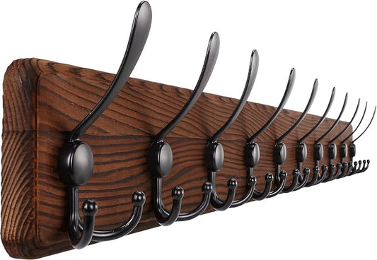 Gohiuo Rustic 38.6" Large Coat Rack Wall Mount, Long Wood Coat Hooks with 10 Triple Hooks, Heavy Duty Wooden Coat Hanger Wall Mount for Entryway, Farmhouse Hanging Jackets, Coats, Hats, Bags,Towel