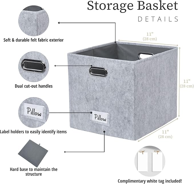 DECOMOMO Felt Storage Bins, 11 inch Cube Storage Bin with Labels | 6 Pack Storage Baskets for Shelves, Kallax (Light Grey)