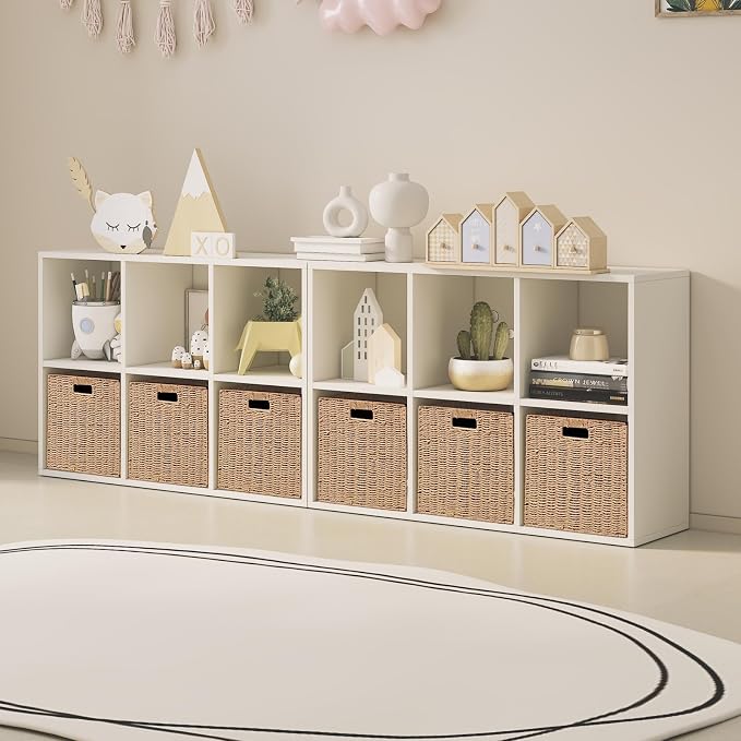 Foldable Storage Baskets with Handles Paper Rope Storage Baskets Rectangle Collapsible Hand Woven Storage Cubes Bins for Organizing Shelves Living Room Bedroom Pantry (3, 11'' x 11'' x 11'')