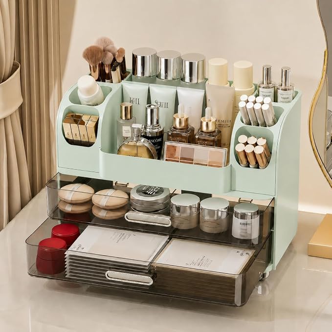 Large Makeup Organizer for Vanity - Perfume Cosmetic Display Cases | Skincare Organizers with 2 Drawers for Bathroom Dresser Desk, Easy to Store Brush Eyeshadow Lipstick Beauty Supplies, Green