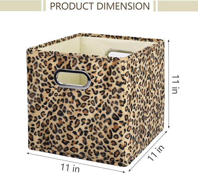 ANMINY Leopard Cheetah Print Storage Cubes Bins, Velvet, Brown, 11Inch 6PCS | Collapsible & Washable, PP Board Frame, Built-in Metal Handles, Animal Themed Fabric Cubes Baskets for Closet Shelves Decor
