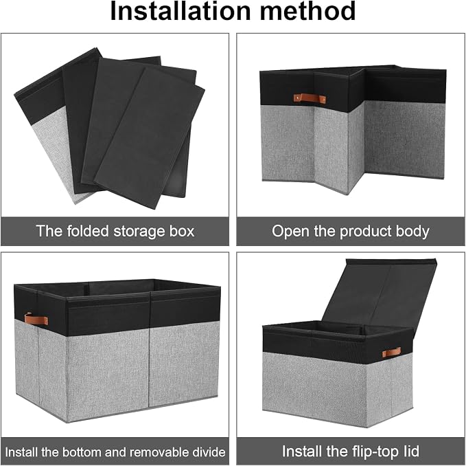 Large Toy Storage Box with Lid, Toy Chest Bin Boxes Basket with Dividers | Sturdy Toy Organizer Bin for Kids, Boys, Girls, Nursery, Living Room, Bedroom, Playroom 25"x13" x16" (Black and Grey)