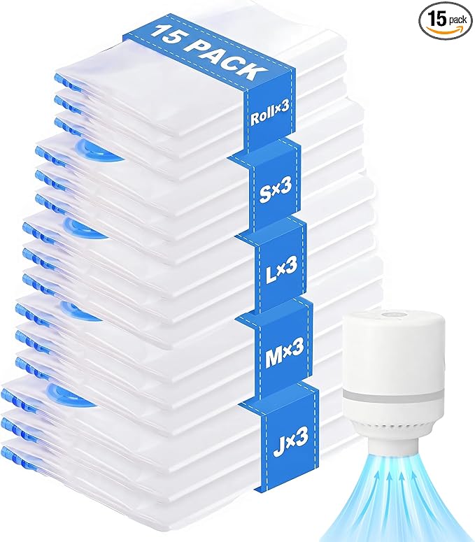 15 Pack Vacuum Storage Bags with Electric Pump, Compression Space Saver Vacuum Seal Bags 3 Jumbo/3 Large/3 Medium/3 Small/3 Roll Up Bags for Clothing Travel Comforters Blankets Pillows Bedding Duvets