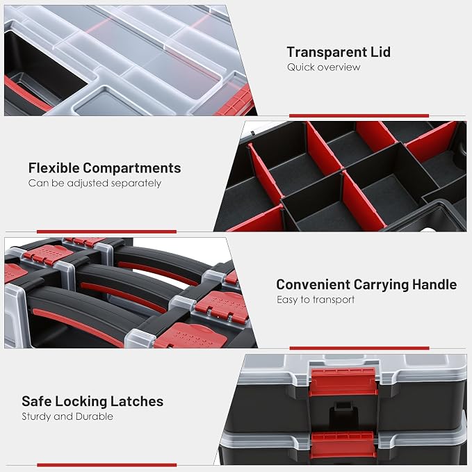 famuka Tool Storage Boxes 3-Pack Small Parts Organizers (Red) | 10 Compartments with Removable Divides