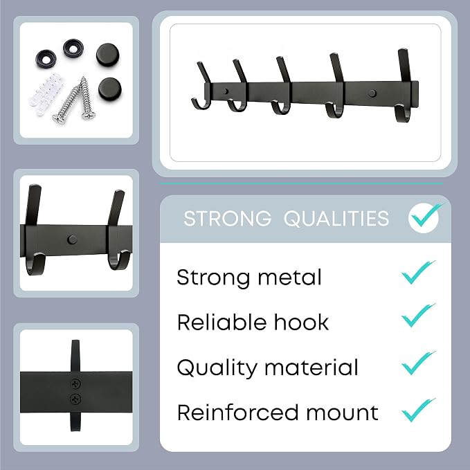 Coat Rack Wall Mount – 15 Inch Stainless Steel Hook Rail with 5 Double Coat Hooks for Hanging – Wall Mounted Entryway Organizer for Coats, Hats, Bags, Towels, Robes, Bedroom or Bathroom - Black