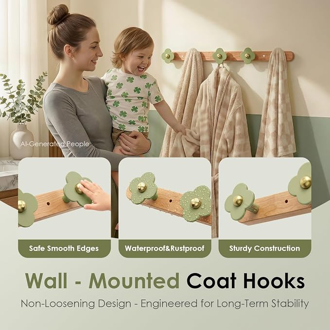 Tindbea Upgreded Heavy Duty Coat Rack Wall Mount for Entryway, Kids' Room | Cheery Wood, Green, 5 Hooks