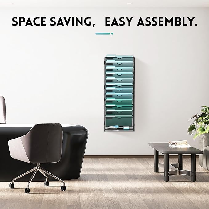 SUPEASY 13-Tier Wall File Organizer, Wall Mounted Mail Sorter, 2 Pack | Metal Mesh Hanging File Organizer with Open Compartments and Label Panels for Papers and Folders at Home, Office or School