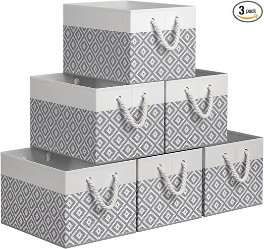 StorageTastic Storage Bins, 6-Pack Large Storage Box | with Rope Handles, Collapsible Storage Basket for Organizing Books,Clothes,Rhombic Grey
