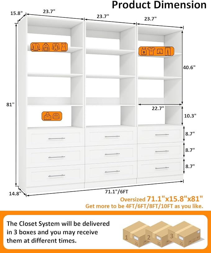 Closet System with 9 Drawers & 12 Shelves, Wood Closet Organizer System with 3 Extra Hanging Rod for Walk in Closet, Modular Closet Organizer System White(6FT)