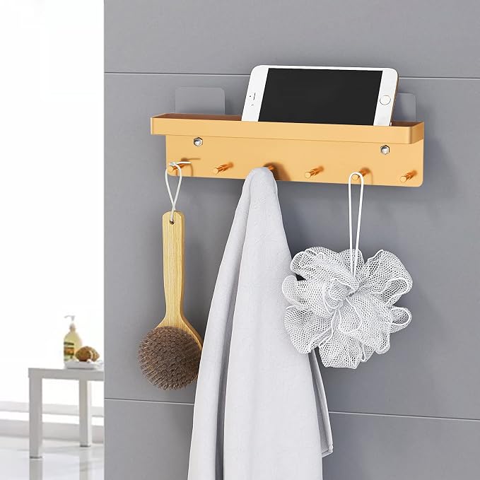 MKO Key Holder for Wall, Mail Organizer and Key Rack with Tray for Hallway, 6 Key Hooks Wall Mount Adhesive(Gold) | Metal Material, Key Rack with Shelf, Wall Mount, Mail Organizer Tray, Suitable for Entryway, Hallway, Living Room