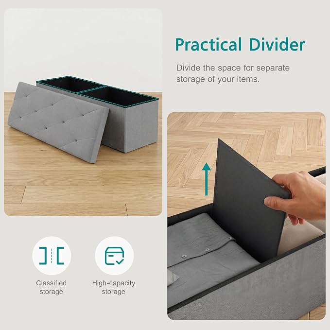 VECELO 43'' Folding Storage Ottoman Bench, Storage Chest, Linen Fabric Foot Rest Stool, 158L Storage Footstools for Bedroom and Living Room, Holds up to 660 lbs, Grey