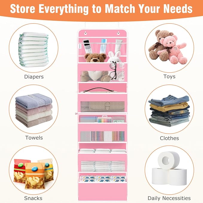 Over The Door Organizer Storage Large Capacity Hanging Bedroom Storage | 6 Shelves, Detachable, 40 LB Capacity, Mesh Design, Clear Window, Sturdy, Storage Organizer for Nursery, Pantry & Closet