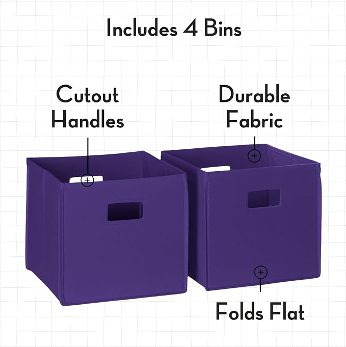 RiverRidge Folding Storage Bins - 4-pack of 10in Tall Dark Purple Cubes | Fabric Bins, Set of 4 Storage Cubes, Cut-out Handles, Playroom Closet Organizer, Collapsible Cubby with Bottom Board Insert