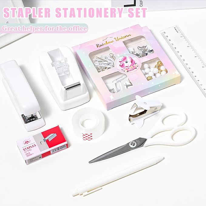 COMFYROOM Desk Accessories with Pen Holder, Office Supplies Desk Organizers and Accessories, Tape Dispenser, Stapler, Staple Remover, Staples, Clips Set, Ruler, Scissor, Pen, Tape (White)
