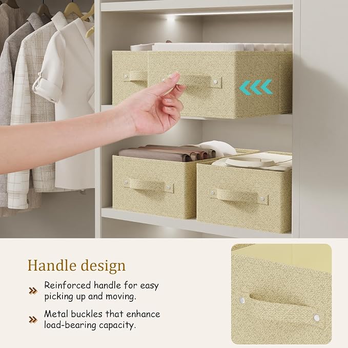 Storage Bin with Reinforced Stitching,Yellow,16.1x9.8x6.4in,2 Pack | Fabric Storage Baskets with Soft Cloth Handles, Thick PP Panel Wardrobe Containers,Wipeable Drawer Boxes for Closet Shelves