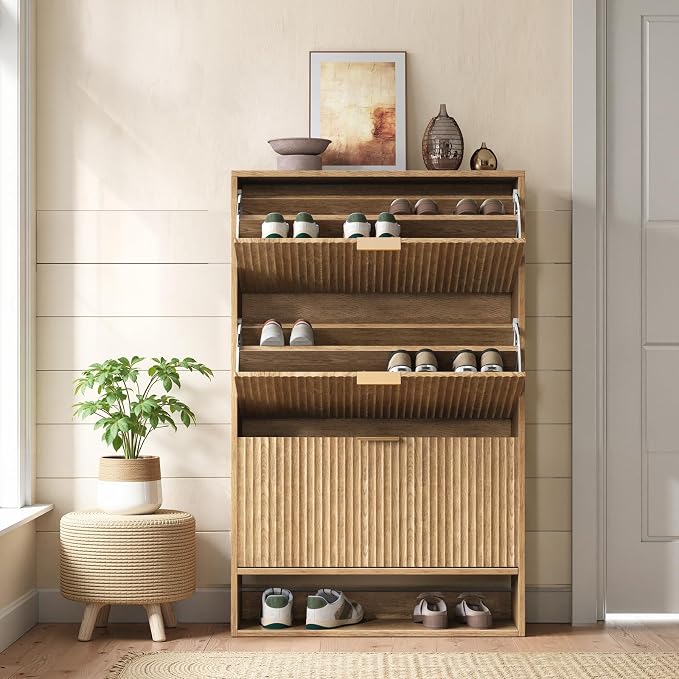 Hootata Oak Tall Shoe Storage Cabinet for Entryway with 3 Flip Drawers, Fluted Slim Shoe Cabinet, Free Standing Wooden Shoes Organizer for Foyer, Hallway