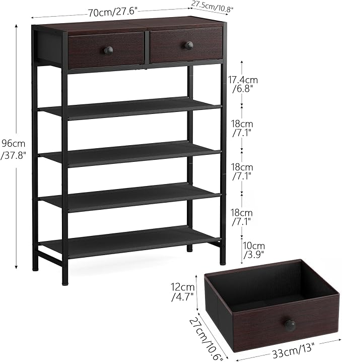 5 Tier Shoe Rack with Drawers, Metal & Wood Shelf Dark Brown | Holds 16-20 pairs. Fabric shelves prevent dust. Drawers for small items. 20-min assembly with clear guide.