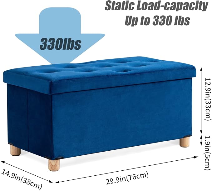 BRIAN & DANY 30 Inches Folding Storage Ottoman Bench, Ottoman with Storage for Living Room, with Wooden Feet and Lid, Blue